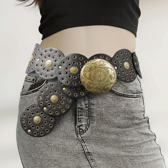 4217 Western Belts For Woman, Boho Disk Concho Leather Belts Circle Y2k Belt, - Picture 2 of 7